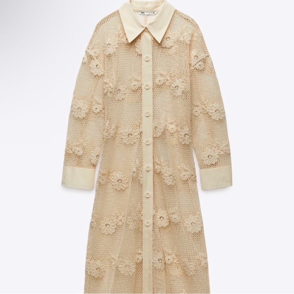 ZARA Cream Crochet Lace summer Dress Shirt Boho Festival Beach Cover Up